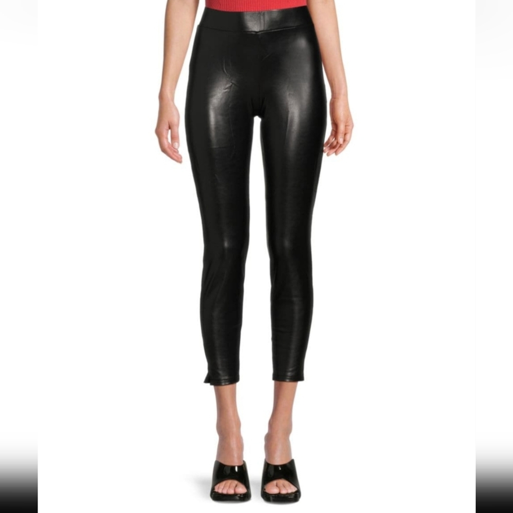 NWT HUE‎ Black Faux Leather Cropped Side Silt Leatherette Leggings M